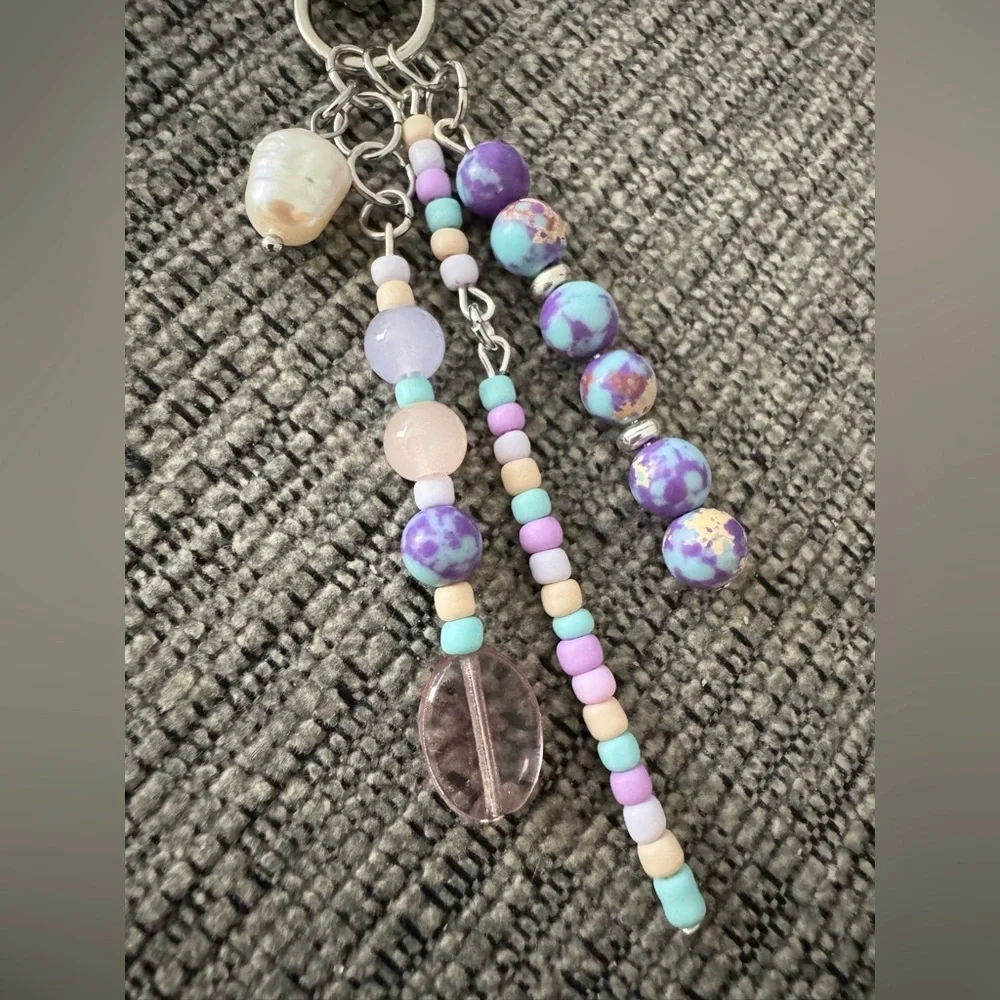 Lavender Haze Purple-Blue Jasper Gemstone Beaded Bag Charm Keychain with Pearl